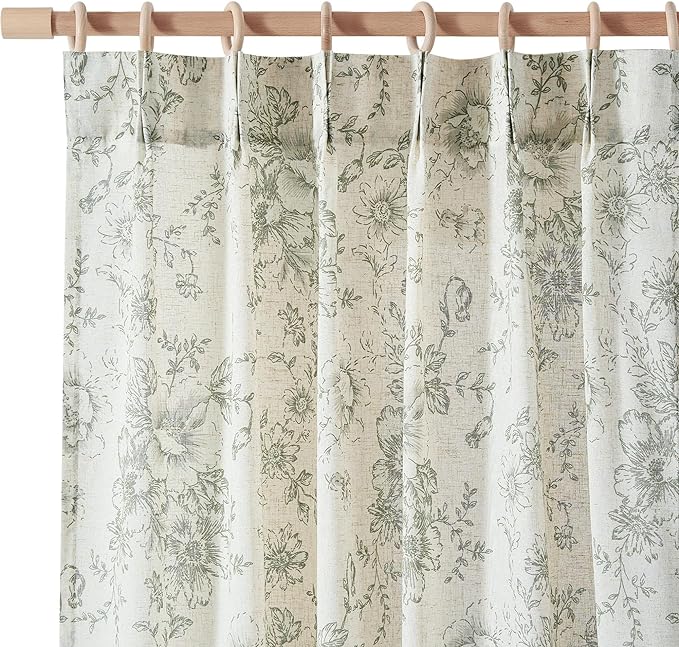 jinchan Pinch Pleated Curtains Floral Linen Blend Curtains for Living Room 84 Inches Length Green Peony Flower Printed Curtain Rod Pocket Back Tab Farmhouse Drapes with Hooks Set 2 Panels