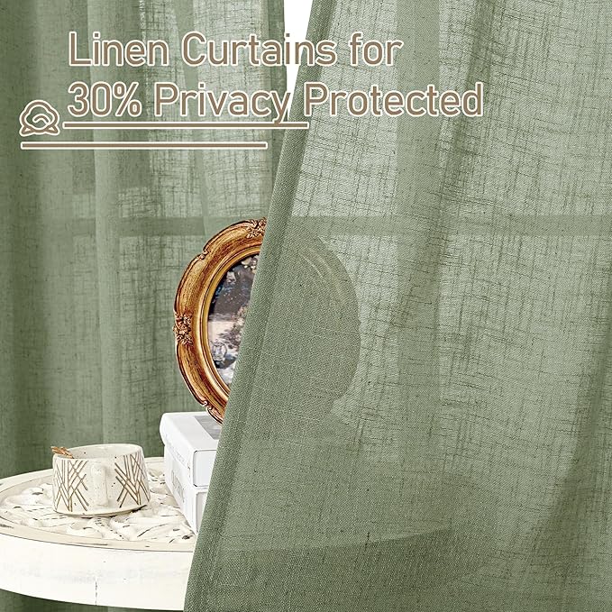 LAMIT Short Window Linen Curtains 36 Inch Length 2 Panels, Sage Green Light Filtering Panels Back Tab and Rod Pocket Neutral Drapes for Bathroom/Loft Room, 34 x 36 Inch