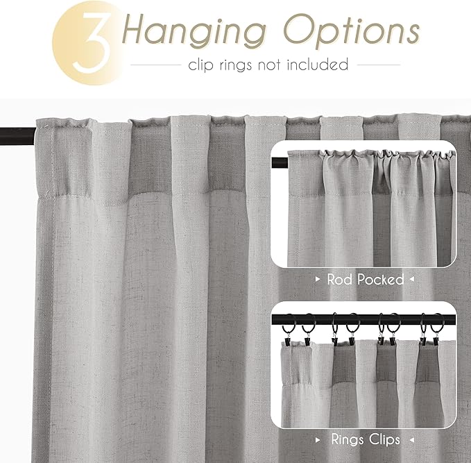 Linen Blend Grey Curtains for Living Room Back Tab Modern Farmhouse Semi Sheer Light Gray Curtains 108 inches Long 2 Panels Set Muted Neutral Cotton Texture Window Curtain for Dining Room Bedroom