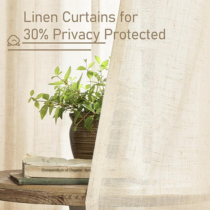 LAMIT Linen Curtains 63 Inch for Bedroom, Light Filtering Neutral Semi Sheer Window Curtains Back Tab and Rod Pocket Panels for Living Room, 2 Panels, Beige, 60 x 63 Inch