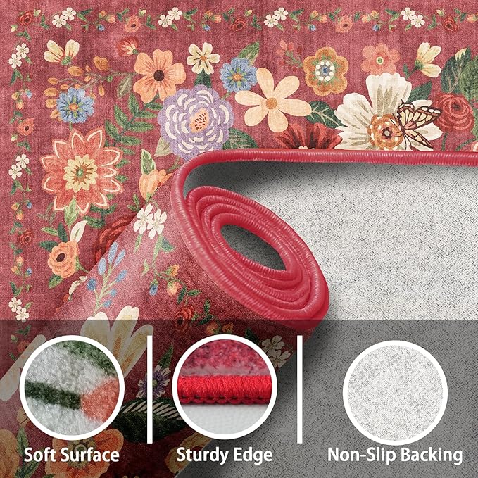 Rug for Hallways Kitchen Rug 2x8, Non Slip Washable Rugs with Rubber Backing Soft Floral Carpet Runner for Hallways, Kitchen, Laundry, Bedroom, Bathroom(2 x 8, Red Garden)