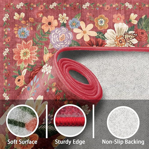 Area Rugs 10x14 Living Room, Non Slip Machine Washable Floral Rugs, Low Pile Lightweight Large Rug for Bedroom, Dining Room, Home Office(10 x 14, Red Garden)