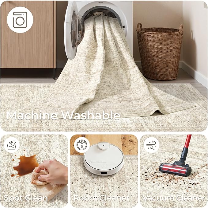 Kitchen Runner Rugs Non Skid Washable - 2.5 x 10 Runner Rug with Anti Slip Backing, Ultra-Thin Soft Rug Runner for Hallway, Bedroom, Living Room (2.5'x10', Beige/Ivory)