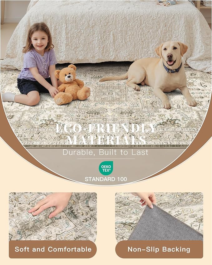 Madane Area Rug 3x5, Entryway Washable Printed Vintage Kitchen Carpet Non Slip Indoor Doormat for Living Room Laundry Room Bedroom Nursery Soft Thin Entry Floor Mat, Ivory/Brown
