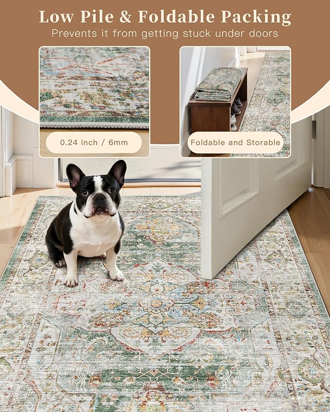 Madane Runner Rug 2'6''x8' Kitchen Runner, Hallway Runner Printed Vintage Washable Rugs Soft Non-Slip Low Pile Runners for Hallways Laundry Room Rug Distressed Rug, Green