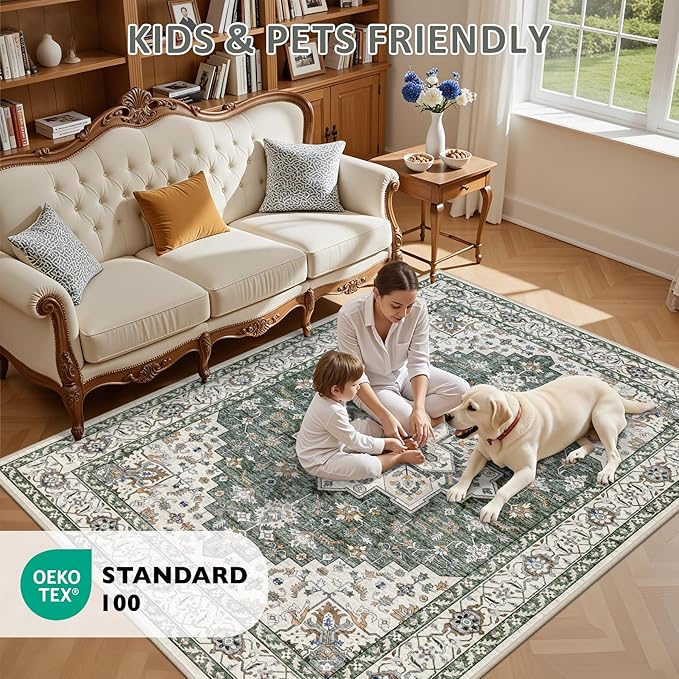 Area Rugs 10x12 Living Room Rug: Washable Rug Soft Vintage Boho Medallion Carpet Indoor Non-Slip Stain Resistant Large Carpets for Bedroom Dining Room Farmhouse Nursery Home Office Green Ivory