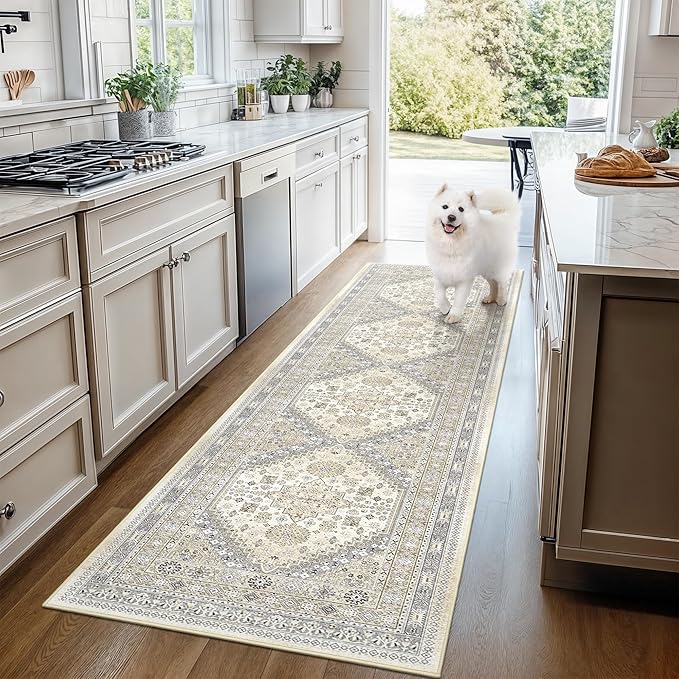 Washable Runner Rug 2.5x16, Non-Slip Long Kitchen Mats for Floor, Vintage Rug for Entryway, Soft Hallway Runner for Dining Room, Bedroom, Living Room(Beige,2.5'x16')