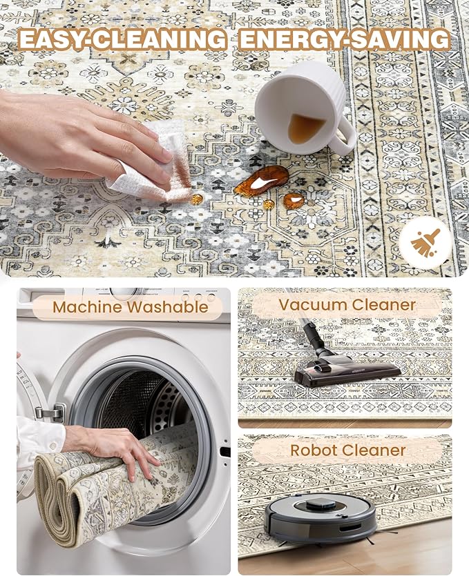 Washable Runner Rug 2.5x14, Non-Slip Long Kitchen Mats for Floor, Vintage Rug for Entryway, Soft Hallway Runner for Dining Room, Bedroom, Living Room(Beige,2.5'x14')
