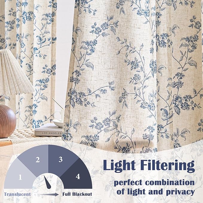 Lazzzy Blue Floral Linen Curtains 90 Inch Farmhouse Back Tab Drapes for Living Room Bedroom Light Filtering Vintage Grandmillennial Rod Pocket Curtains, 2 Panels, W38 x L90, Blue on Beige