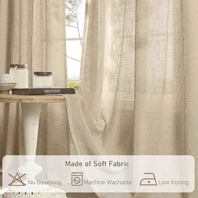 LAMIT Living Room Linen Curtains - 90 Inch, Back Tab & Rod Pocket, Light Filtering, Burlap Textured Sheer Curtains for Farmhouse, 2 Panels, 52 x 90 Inch, Brown