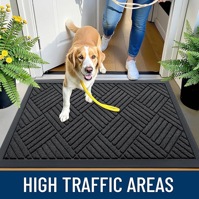 OLANLY Front Door Mat Outside Entrance 71x23, Absorbent, Heavy Duty Sturdy Natural Rubber Doormat Indoor Outdoor, Stain and Fade Resistant, Non-Slip Low Profile Floor Mat for Entryway, Black Diamond