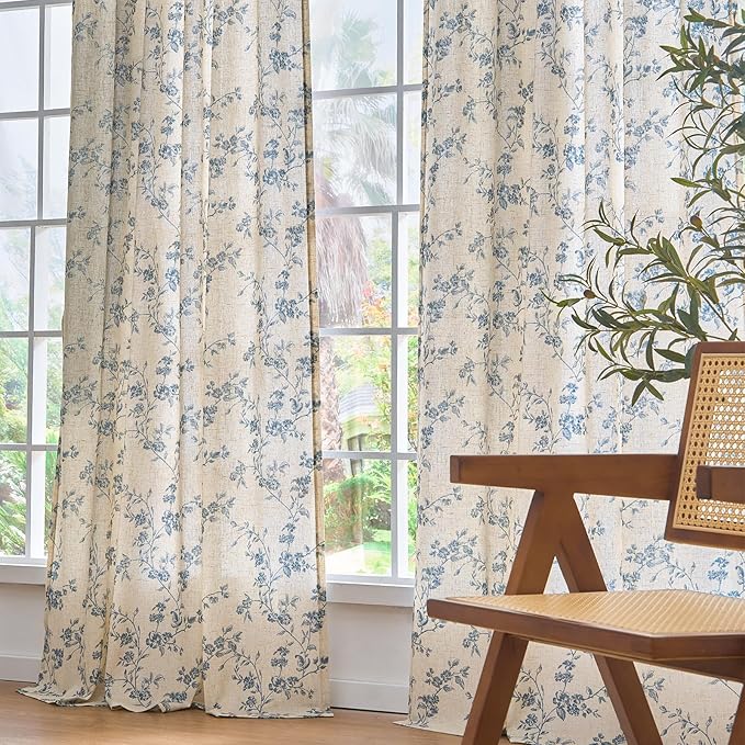 Lazzzy Floral Linen Curtains Farmhouse Extra Long Curtain for Living Room Bedroom Light Filtering Vintage Rod Pocket Back Tab Drapes for Home, 2 Panels, Blue on Beige, W38 X L108