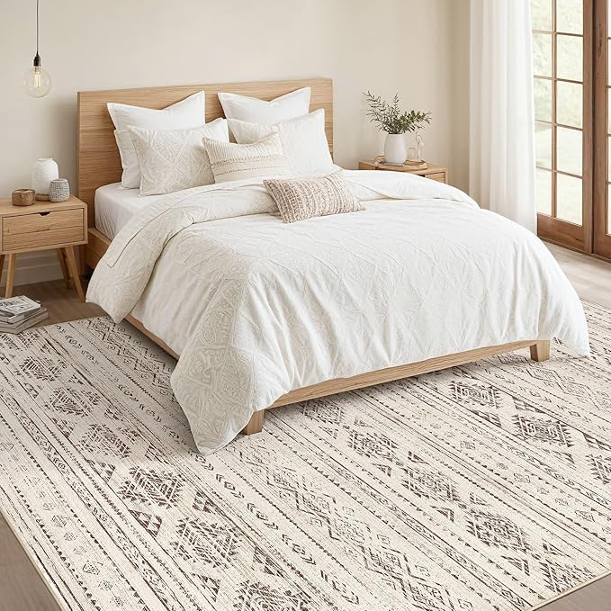 Nakagishi 9x12 Area Rugs Living Room: Washable Boho Large Neutral Soft Farmhouse Rug Stain Resistant Modern Moroccan Non-Slip Indoor Carpet for Bedroom Nursery Kids Office Dining Room - Dark Brown