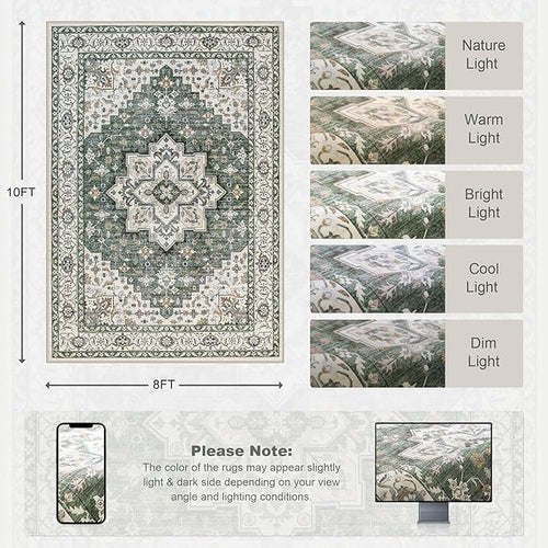 8x10 Area Rugs for Living Room: Washable Rug Soft Vintage Boho Medallion Carpet Indoor Non-Slip Stain Resistant Large Carpets for Bedroom Dining Room Farmhouse Nursery Home Office Green Ivory