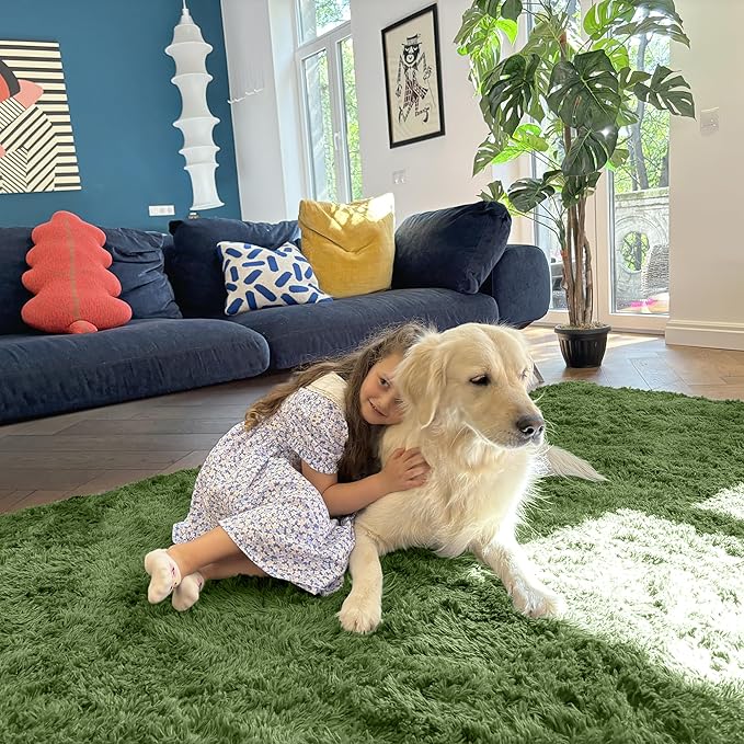 OLANLY 3x5 Machine Washable Small Bedside Rug, Soft Fluffy Shaggy Rugs for Living Room, Bedroom, Indoor Floor Carpet for Kids Girls and Boys, Preppy Dorms, Nursery, Home Decor Aesthetic, Green