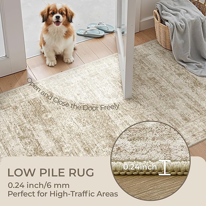 6x9 Rug for Living Room,Soft Low Pile Indoor Washable Rugs for Bedroom, Non-Slip Backing Vintage Large Area Rug, Printed Abstract Carpet(6'x9', Brown/Ivory)