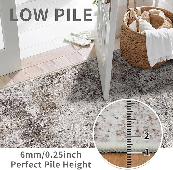 3x12 Washable Hallway Runner Rug: Non Slip Carpet Runners Easy-to-Clean - Soft Living Room Bedroom Kitchen Rugs - Thin Low Pile Printed Floor Mat for Dining Room Neutral Beige Brown