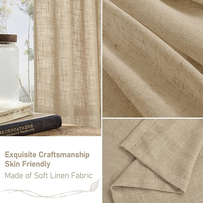 LAMIT Faux Linen Curtains 63 inches Long for Bedroom, Back Tab and Rod Pocket Linen Drapes Light Filtering Semi Sheer Curtains for Small Window/Farmhouse, 2 Panels (38 x 63 Inch, Brown)