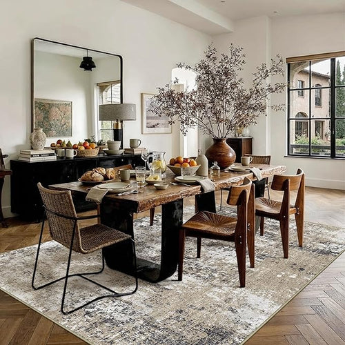 6x9 Abstract Area Rug Brown Washable Modern Neutral Living Room Carpet Non Slip Ultra Soft Low Pile Contemporary Bedroom Large Rug Indoor Office Dining Room Under Table Playroom