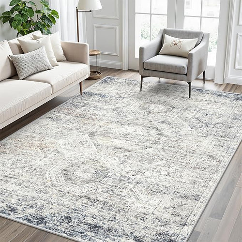 6x9 Area Rug for Living Room Washable 6x9 Non-Slip Modern Rugs for Bedroom Dinning Room Ultra-Thin Indoor Blue Ivory
