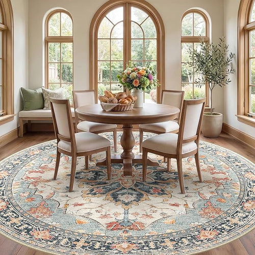 8ft Round Rug, Area Rugs 8ft, Washable Rug, Non-Slip, Rugs for Living Room for Bedroom, Circle , Vintage Rugs Boho Floral Medallion, Low Pile, Soft, Beige Dark Blue Navy Red