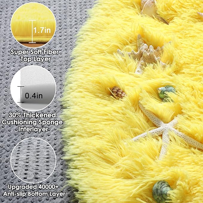 ONASAR Yellow Round Rugs 5ft for Bedroom Living Room, Fluffy Circle Area Rug for Kids Girls Boys Teen, Soft Plush Shaggy Carpet for Nursery Dorm Classroom Playroom Home Decor Aesthetic