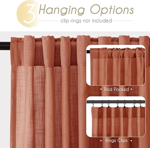 80 inch Linen Terracotta Curtains 2 Panels for Living Room Back Tab Light Filtering Semi Sheer Rust Colored Curtains 80 inches Long Soft Thick Cotton Cloth Textured Rustic Boho Farmhouse Room Decor