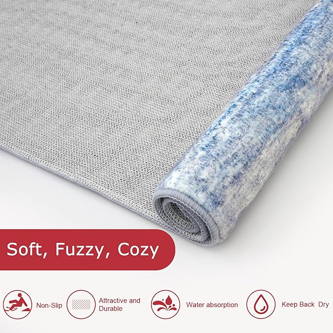 KOZYFLY 3x8 Ft Rug Modern Ombre Runner Rug for Hallway, Washable Kitchen Rugs Non-Slip Soft Striped Entryway Rug, Print Blue/Grey/Beige Abstract Carpet for Laundry Nursery