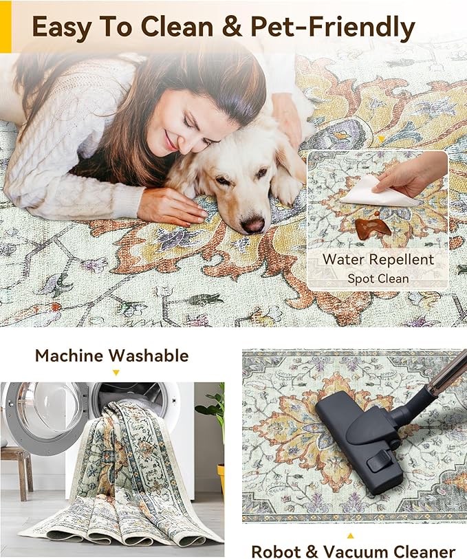 RELEANY Area Rugs 10'x14' Washable Non-Slip, Floral Vintage Distress Print Pattern Medallion Carpet for Living Room Bedroom Dining Room, Light Yellow Carbon Grey Orange