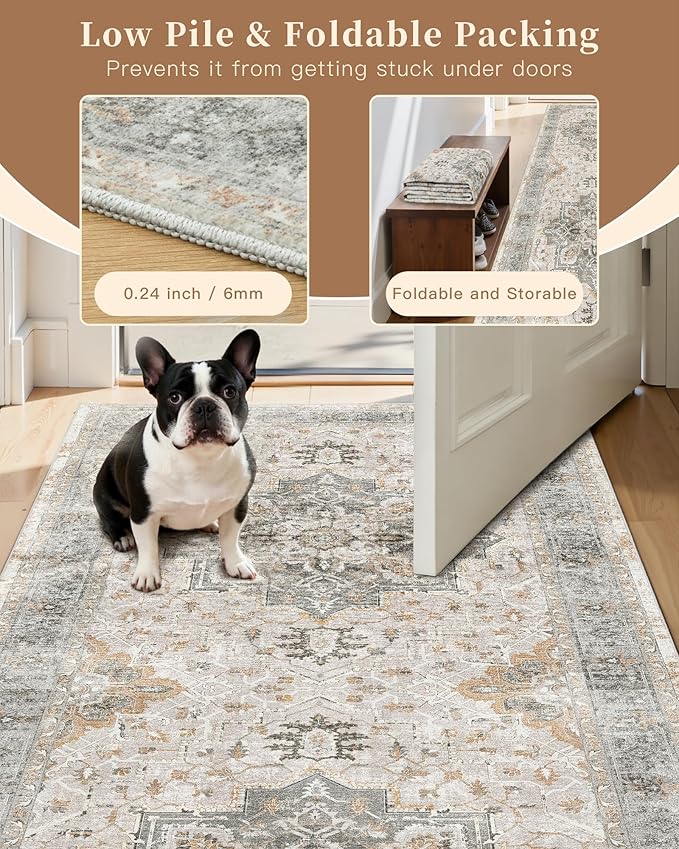 Madane Washable Area Rug 2x3, Small Entryway Rug Non-Slip Vintage Door Mat Indoor Entrance, Low Pile Floor Carpet for Inside Front Door Bedroom Kitchen Entry Laundry (2'x3', Light Taupe Brown)