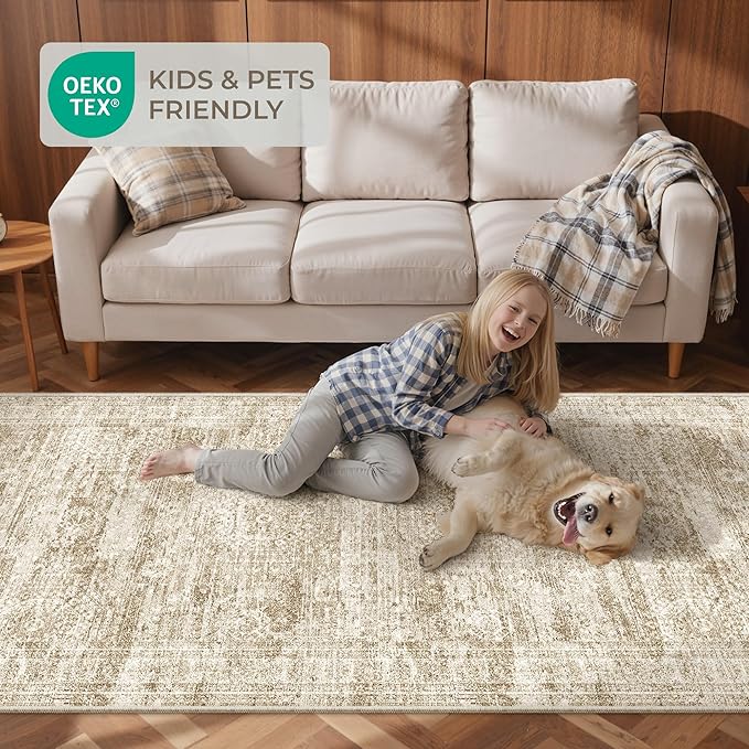3x6 Runner Rug Non Slip, Thin Entryway Washable Rug for Entryway, Runners for Hallways, Low Pile Vintage Abstract Soft Rugs for Living Room, Kitchen, Bedroom(3'x6', Brown/Ivory)