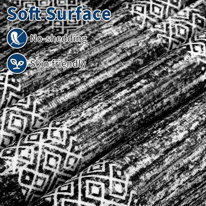 GarveeHome Large Washable Rug 9x12 Modern Geometric Non Slip, Distressed Bordered Printed Rug, Soft Non Shedding Indoor Carpet, Low Pile Thin Foldable Mats for Open Spaces Offices, Black