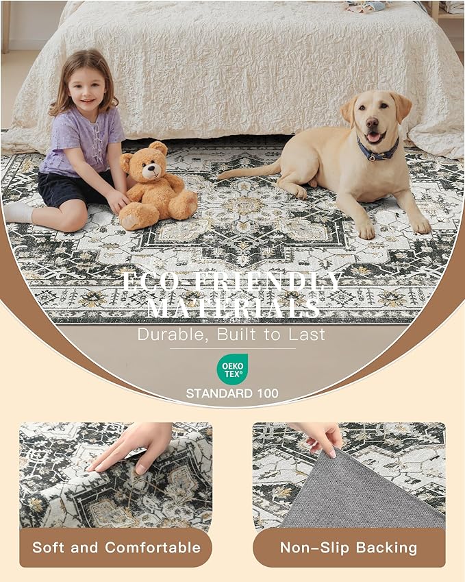 Madane Hallway Runner Rug 3x6 - Washable Kitchen Rugs Entryway Rug Runner Vintage Soft Floor Mat Non Slip Indoor Farmhouse Carpet for Bathroom Living Room Bedroom (3 X 6, Black)