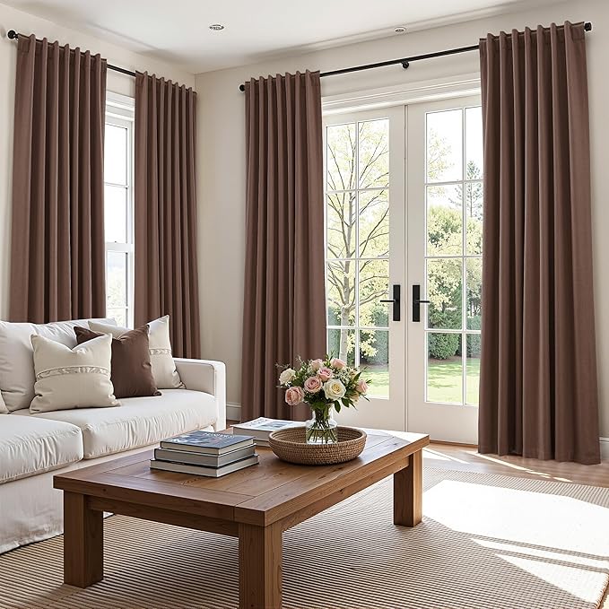 Guken Cappuccino 100% Blackout Linen Curtains 84 Inch Length 2 Panels Set for Living Room Bedroom Back Tab/Rod Pocket Thermal Insulated Farmhouse Black Out Drapes Room Darkening,52x84