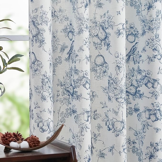jinchan Linen Floral Curtains for Living Room 84 Inch Length Blue Printed Flower French Country Curtain Farmhouse Cottage Core Toile Curtains Back Tab Light Filtering Window Drapes Set 2 Panels