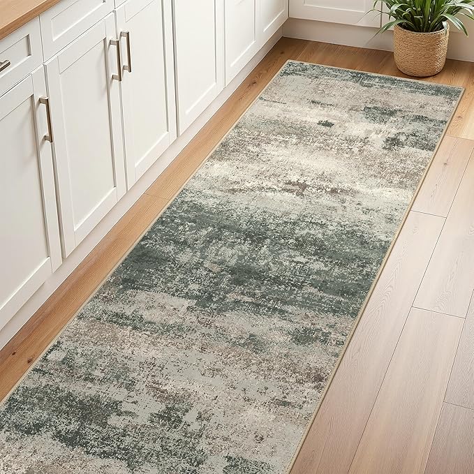 Runner Rug for Hallway Kitchen, 2x10 Machine Washable Runners Rug for Entryway, Soft Modern Abstract Throw Rugs, Low Pile Floor Cover with Non Slip Backing, Grey/Dark Green