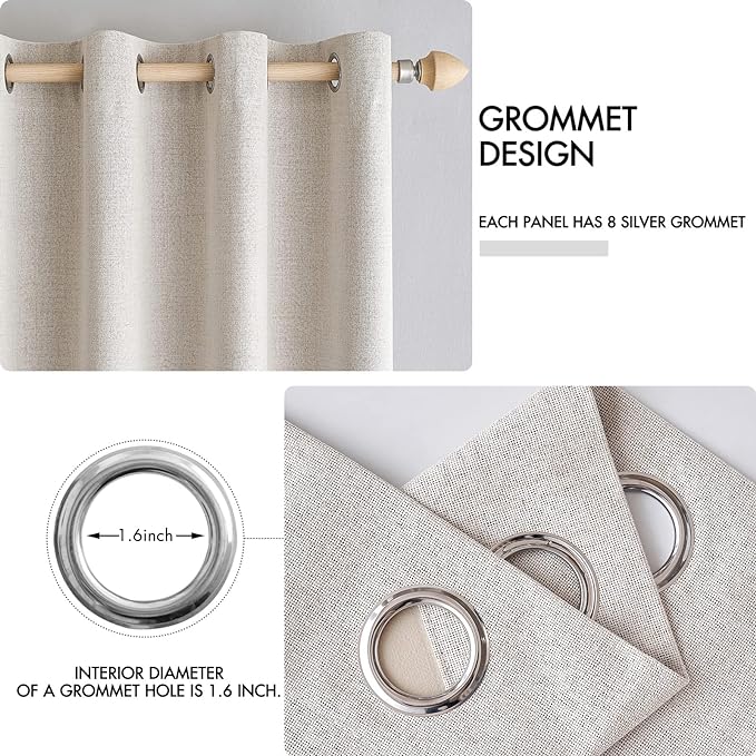 MIULEE 100% Blackout Linen Textured Curtains for Bedroom Solid Thermal Insulated Ivory Grommet Room Darkening Curtains & Drapes Luxury Decor for Living Room Nursery 52 x 132 Inch (2 Panels)