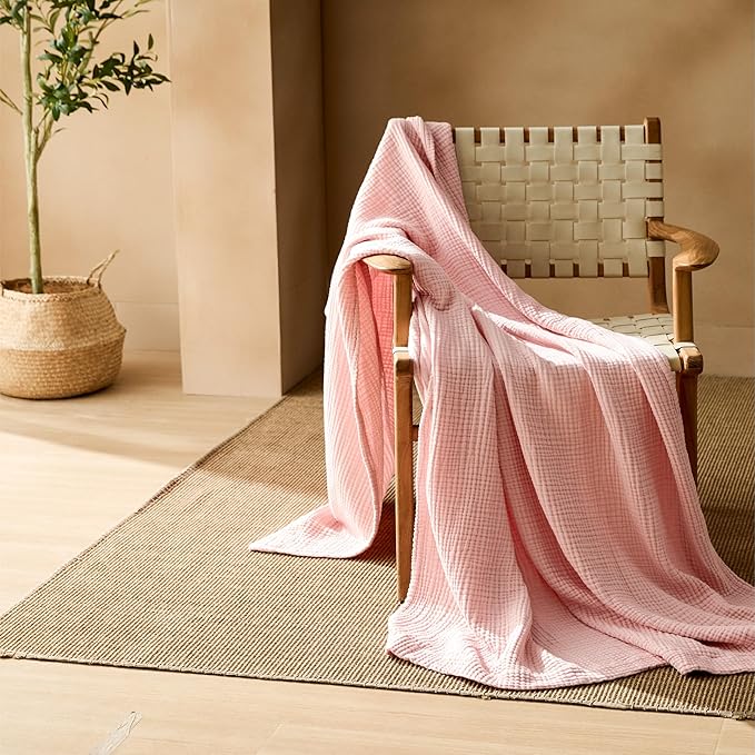Bedsure 100% Cotton Muslin Blankets for Adults Large Throw 50x70 Inches - 4-Layer Breathable and Lightweight, Soft Boho Gauze Muslin Cotton Blanket for Couch Decor Travel Summer, Pink