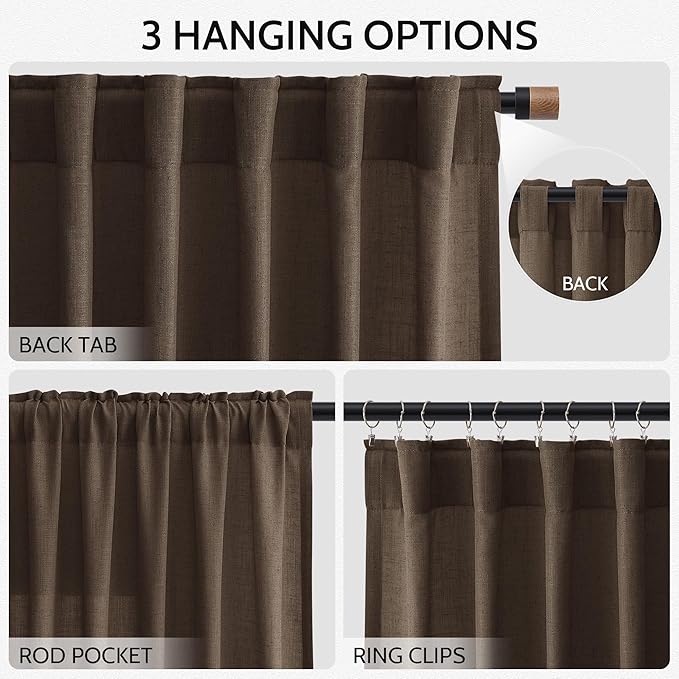 Nanspring Chocolate Linen Curtains 84 Inch Length 2 Panels Set for Living Room Back Tab Light Filtering Semi Sheer Curtain for Bedroom Farmhouse Drapes, 52x84 Inch, 2 Panels