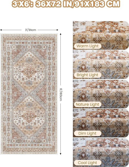 3x6 Runner Rug, Thin Entryway Non Slip Washable Rugs for Entryway, Runners for Hallways, Low Pile Vintage Soft Rugs for Living Room, Kitchen, Bedroom Rug(Orange,3'x6')