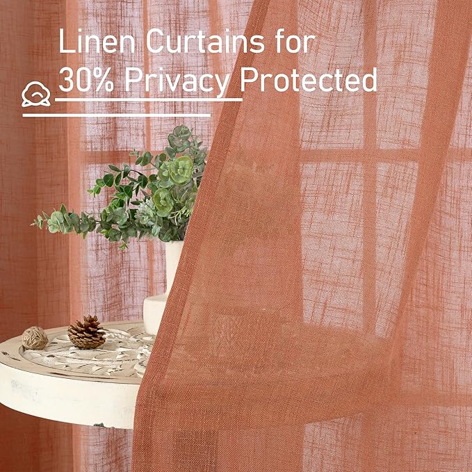 LAMIT Terracotta Linen Curtains for Bedroom, 84 Inch Length Light Filtering Semi Sheer Panels Back Tab and Rod Pocket Fall Decor Drapes for Living Room, 2 Panels, 34 x 84 Inch