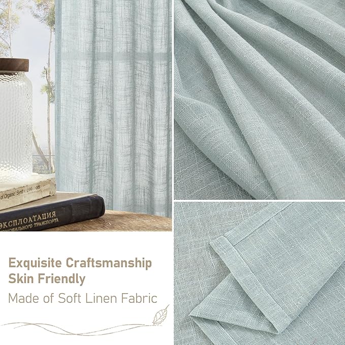 LAMIT Light Filtering Linen Curtains 24 Inch Length 2 Panels, Semi Sheer Window Panels Back Tab and Rod Pocket Neutral Drapes for Bathroom/Kitchen/Loft Room, Greyish Blue, 34 x 24 Inch