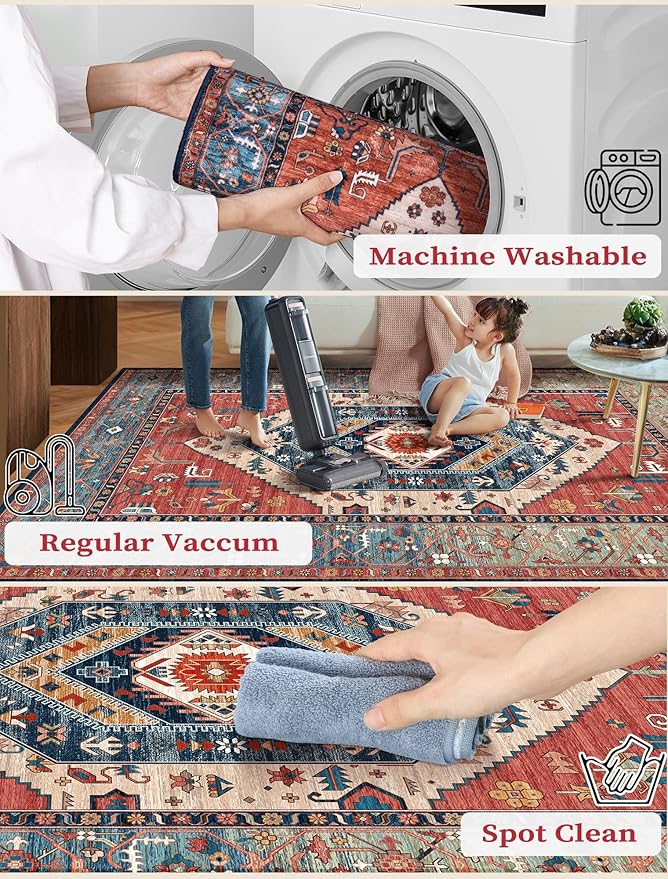 SERISSA Runner Rug for Hallways, 3x8 Washable Non Slip Kitchen Runner Rug, Long Boho Rug Vintage Rust Hallway Stair Ultra Soft Print Floor Carpet for Bedroom Bathroom Laundry Room
