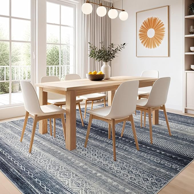 Nakagishi Area Rug Living Room Rugs: 7x10 Machine Washable Boho Large Neutral Farmhouse Stain Resistant Moroccan Indoor Floor Carpet for Bedroom Nursery Dorm Classroom Dining Room Home-Blue