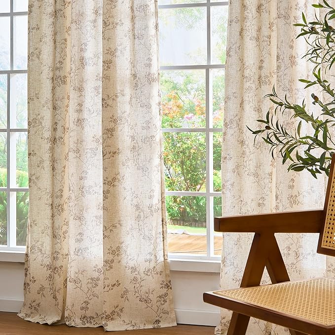 Lazzzy Taupe Floral Linen Curtains 84 Inch Farmhouse Curtain Back Tab Drapes for Living Room Bedroom Light Filtering Vintage Rod Pocket Curtains for Home, 2 Panels, Taupe on Beige
