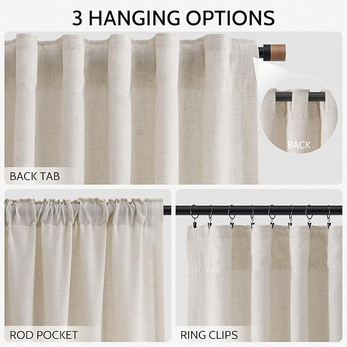 Nanspring Pearl White Curtains 90 Inches Long for Living Room Linen Light Filtering Semi Sheer Curtain Back Tab Rod Pocket Coastal Decor Neutral Elegant Gray Drapes for Bedroom 52x90, 2 Panels