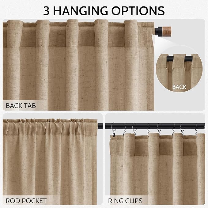 Sand Beige Linen Curtains 132 Inch Length for Living Room Simple Modern Light Filtering Semi Sheer Curtain Back Tab Rustic Home Decor Drapes Floor to Ceiling High Window for Bedroom 52x132, 2 Panels