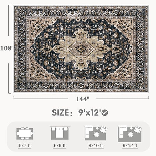 Area Rugs 9x12 Vintage Rug: Large Washable Living Room Rug Retro Medallion Distressed Soft Low Pile Non-Slip Indoor Floor Carpet for Bedroom Dining Table Office (BeigeBlack,9'x12')