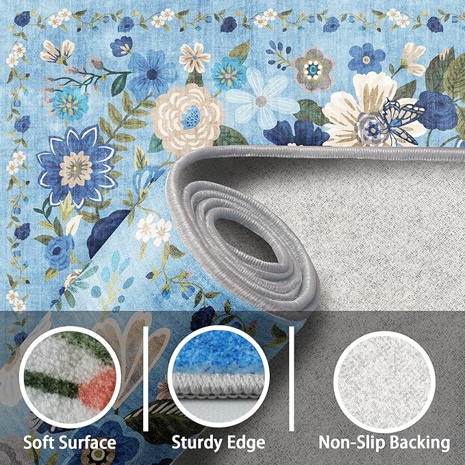 Rug for Hallways Kitchen Rug 2x8, Non Slip Washable Rugs with Rubber Backing Soft Floral Carpet Runner for Hallways, Kitchen, Laundry, Bedroom, Bathroom (2 x 8, Blue Garden)