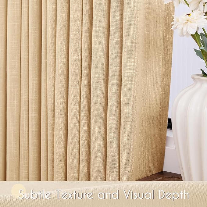 Tan Linen Curtains 84 inches Long for Living Room Back Tab Rustic Farmhouse Semi Sheer Light Filtering Window Curtain Dining Room Soft Thick Flax Linen Textured Drapes Kahki 52x84